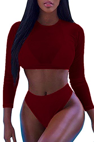 Meyeeka Long Sleeve Swimwear High Waist Bikini Set Swimsuits for Women Wine XL