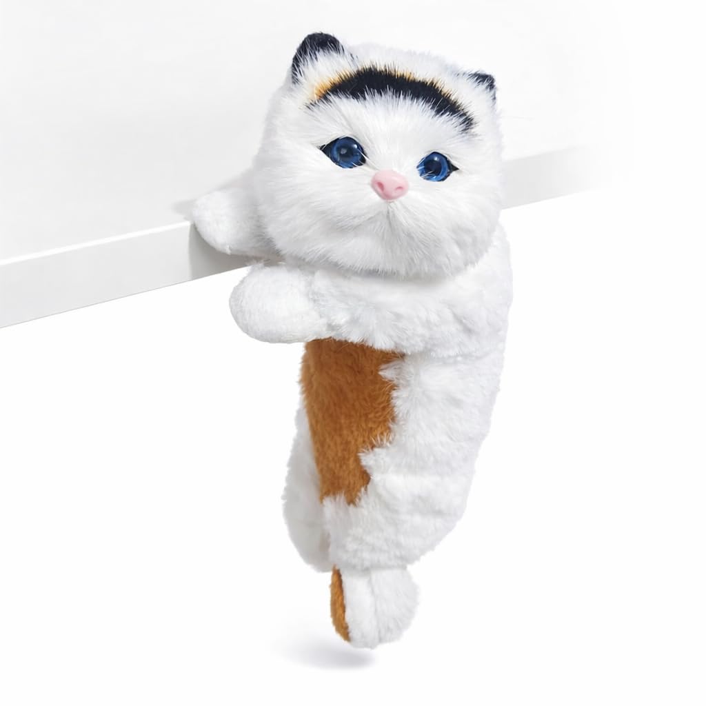 Cute Hanging Cat Decor for Desk & Table | Realistic Fluffy Cat Figurine | Cat Lover Gift | Home, Study & Computer Table Decor | Soft Toys for Baby Boys and Girls (White)