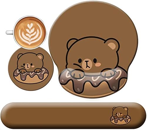 3-in-1 Cute Mouse Pad and Keyboard Wrist Rest Support, [ 20% Larger] Anime Kawaii Gel Wrist Rest with Non-Slip PU Base, Ergonomic Mouse Pad with Coaster,Pain Relief,Game Work Study Home Office-Bear