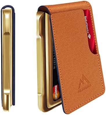 MURADIN Mens Wallet Tactical Bifold Wallets for Men Metal RFID Blocking Aluminum Money Cards Holder Gifts for Men (Saffiano Orange & Gold)