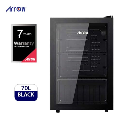 Arrow 70L Compact Mini Fridge, 67 Can Capacity, 2–18°C Adjustable Cooling, LED Light, Beverage Cooler Mechanical Control, Black, with 7 Years warranty on compressor, RO-90SCK