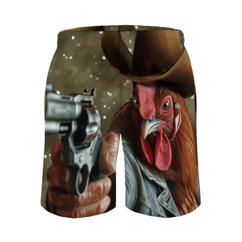 Funny Rooster Men's Swim Trunks Cool Chicken Summer Surfing Shorts Cowboy Hunter Drawstring Swimsuit with Pockets3