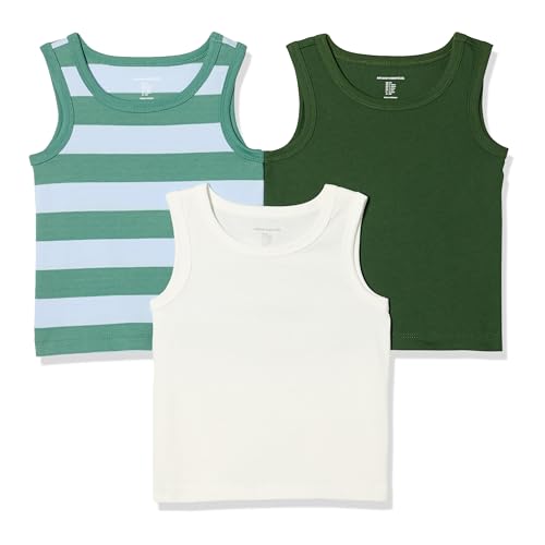 Amazon Essentials Niños Camisetas de Tirantes, Paquete de 3, Blanco/Raya de Rugby/Verde Oliva Oscuro, 10 años