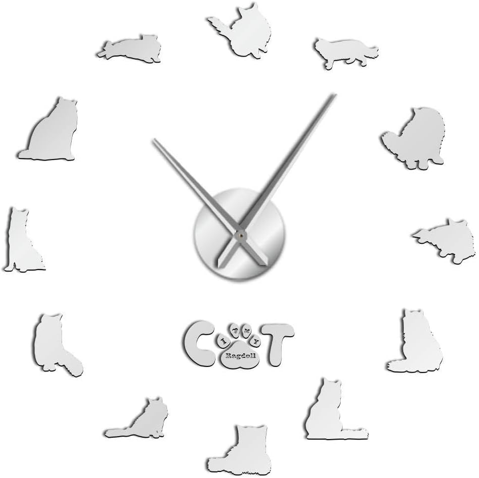 Ragdoll Cat Breed Mirror Effect 3D DIY Wall Art Clock Watch Cute Cat Animals Design Mute Wall Clock Self Adhesive Kit Decoration(Silver,47inch)