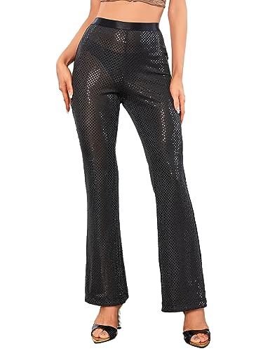WDIRARA Women's Glitter Flare Leg Pants Elastic High Waist Casual Long Pants Trousers