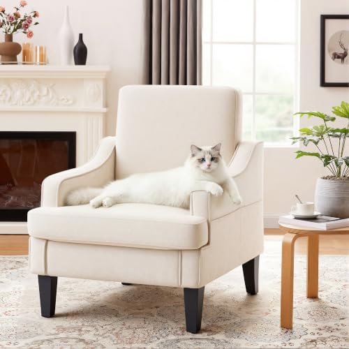 Image of Accent Chair for Living Room,Mid-Century Arm Chair Fabric Living Room Chairs,Upholstered Reading Chair for Bedroom,Single Sofa Chair with Wood Legs for Apartment (Beige)