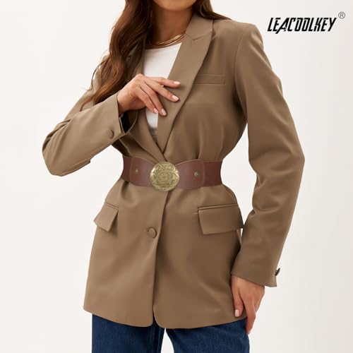 LEACOOLKEY Women Wide Elastic Belt Western Buckle Vintage Strecth Waist Belt for Dress4