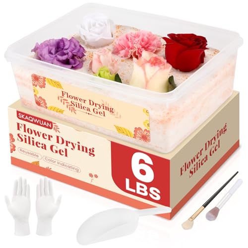 skaqwuan Silica Gel Flower Drying 6LBS, Flower Drying Silica Gel Crystals<1mm, Silica Gel for Drying Flowers, Reusable Color Indicating, Flower Drying Kit, Box, Brushes, Gloves & Scoop, Wedding DIY