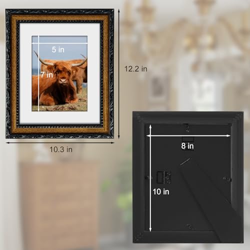 Image of Black 8x10 Picture Frame Wood Gold Frames Ornate | Real Glass, Matted 5x7 or 8 x 10 Photos, Easy Photo Changes, Tabletop or Wall Hanging