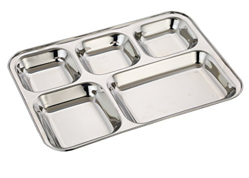 Image of Expresso - Heavy Duty Stainless Steel Rectangle /Square Deep Dinner Plate w / 5 Sections Divided Mess Trays for Kids Lunch, Camping, Events & Every Day Use Kitchenware.