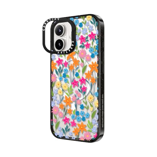 Coque iPhone 16 béquille antichoc compatible Magsafe CASETiFY noir transparent design fleuri - 6