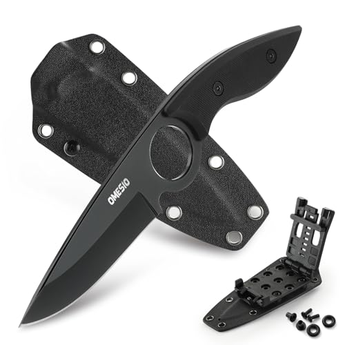 Omesio Fixed Blade Tactical Knife with Kydex Sheath, 8.46' Full Tang Full Black EDC Horizontal Carry Knife for Men, G10 Anti-Slip Handle 5CR13MoV Steel Camping Survival Knife with Gift Box