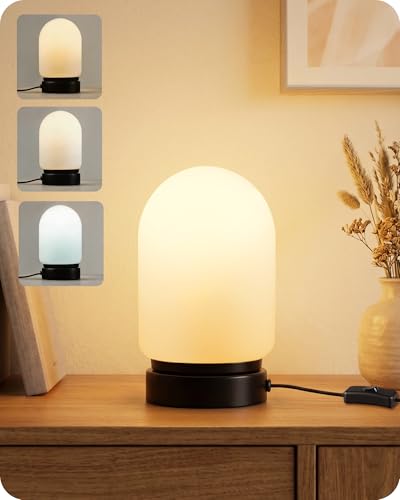 Image of GOEBELSON Black Glass Bedside Lamp with White Glass Shade, 18cm Small Table Lamp with 3 Colour Temperatures, Bedside Lamp for Bedroom & Living Room, E27 Bulb Included ZW17TLD05