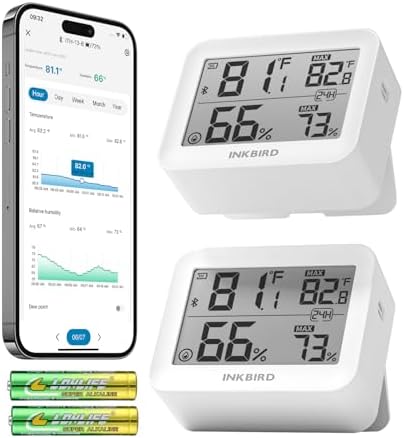 INKBIRD ITH-13-B Bluetooth Thermometer Hygrometer,Smart Digital Indoor Temperature Humidity Sensor with Alert, Free Data Storage Export, for Home, Pet Reptiles, Wine, Incubation, 2 Pack (with Battery)