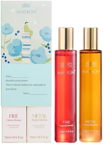 MATRUM 100% Pure Blend Essential Oil Roll On, Best Companion Study and Work Aromatherapy Oil for Focus, Calming and Muscle Relax, Fire and Metal Roller Set, 1 Fl Oz