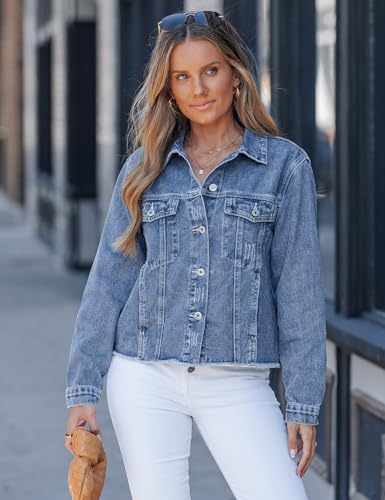 Image of luvamia Denim Jacket for Women Distressed Jean Jackets Button Up Vintage Western Trucker Jacket Frayed Hem Pockets