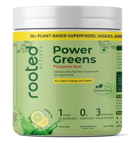 Rooted Actives Power Greens + Essential Reds | Daily Nutrition Powder with 30+ Plant-Based Greens, Vegetables & Fruits | With Vitamins, Minerals, Probiotics & Digestive Enzymes | Zero Added Sugar | Lemon Lime Flavour | 250 g