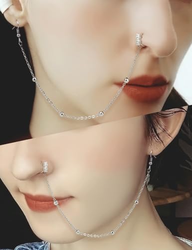Nose Rings Hoop Chain Septum Ring CZ Diamonds Surgical Stainless Steel Nose to Ear Ring Body Jewelry, Rose Gold and Silver Tone3
