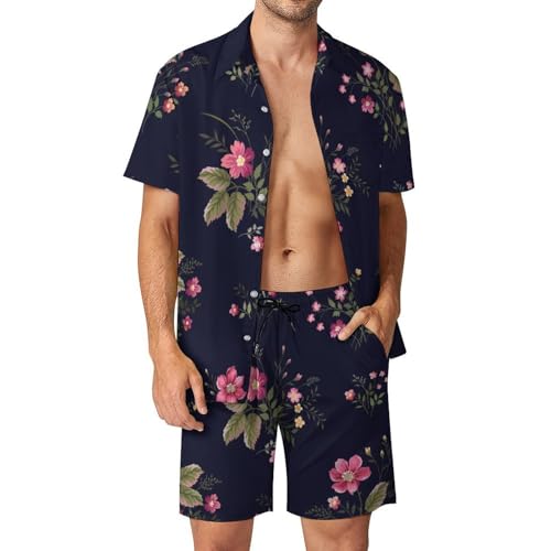 Chemise Hawaïenne Homme Fleurs Roses contre la chaleur : ensemble short de plage léger S