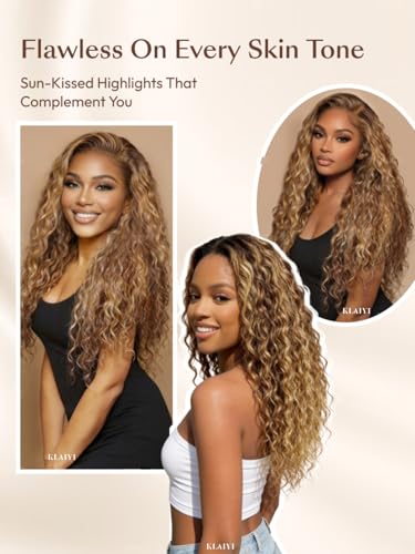 Image of KLAIYI 13x4Bye Bye Slip Highlight Golden Blonde Water Wave Pre Everything Lace Front Wigs Human Hair Drawstring Caramel Brown Curly Glueless Pre Plucked Bleached Knots Ready to Wear and Go Wig 22Inch