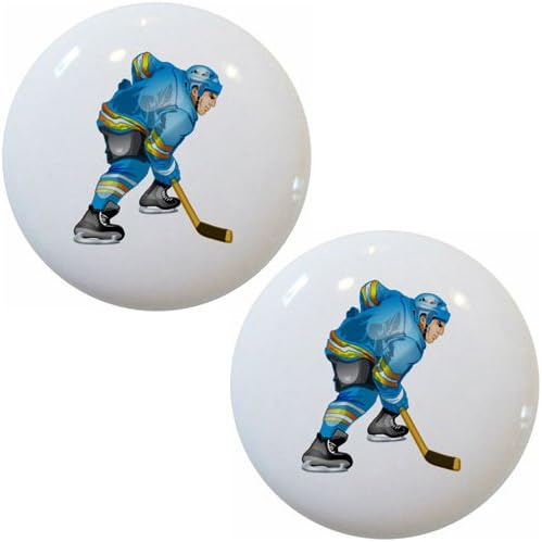 Set of 2 Blue Hockey Player Ceramic Cabinet Drawer Pull Knobs