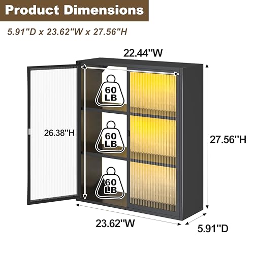 Image of Laundry Room Cabinets Wall Mounted, Bathroom Wall Cabinet with Glass Doors & LED Lights, Black Metal Medicine Cabinet for Bathroom, Kitchen, Living Room and Entryway