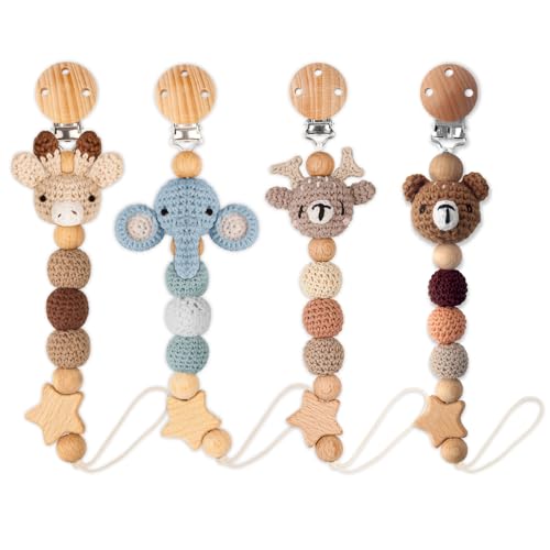 Image of LSTRAGY Handmade Knitted Christmas Pacifier Clip Holder for Boys and Girls,4 PCS Binky Clip Fits for Most Baby Pacifier