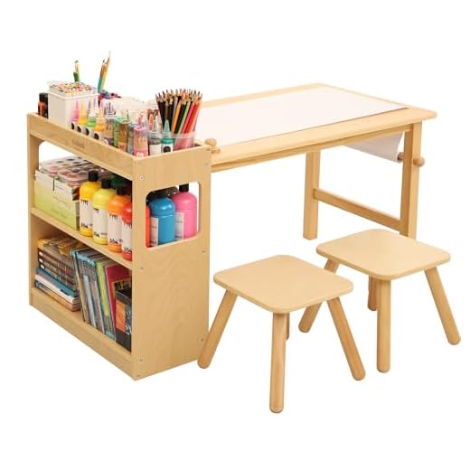 Kids Art Table and 2 Chairs with Roll Paper, Craft Table with Large Storage Shelves, Drawing Desk, Kids Activity Table and Study Table, Activity & Crafts for Children Wooden Furniture