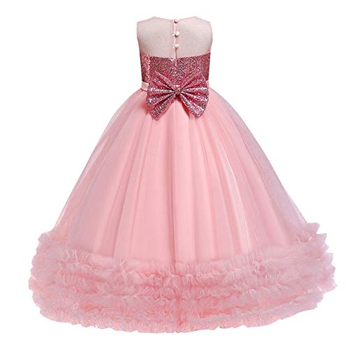Girls Sequins Tulle Dress Sleeveless Bowknot Birthday Prom Princess Wedding Pageant Communion Party Long Ball Gown3