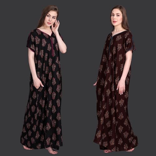 Image of Women's Alpine Botanical Leaves Print Maxi Nightgown with Pocket