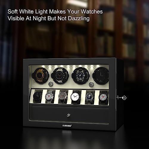 Image of DUKWIN Watch Winder for Automatic Watches, White Lockable Watch Winders with Extra Watch Storage, Jewelry Storage, 4 Rotation Modes, LED Light, Super Quiet Mabuchi Motor and Spring Watch Pillows