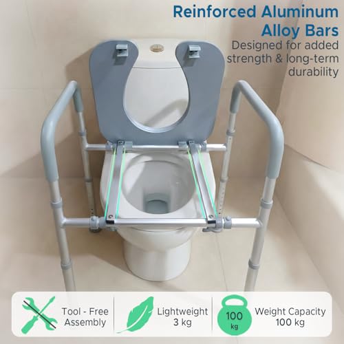 Image of KosmoCare Aluminium Toilet Seat Raiser with Cushioned Seat | Adjustable Toilet Safety Frame with Handles for Elderly & Disabled | Toilet Seat Riser with Armrests | Toilet Safety Rails for Seniors