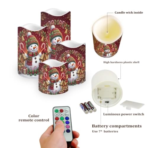Image of Christmas Flameless Battery Operated Lamp with Remote, 4 Pack | Snowman LED Flickering, Battery Operated, Color Changing Electric Pillar Candles for Living Room, Christmas Home Decor