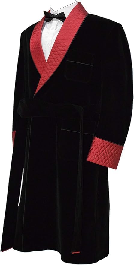 Men’s Black Velvet Smoking Robe with Red Quilted Satin Shawl Lapel – Luxury Vintage Dinner Jacket2