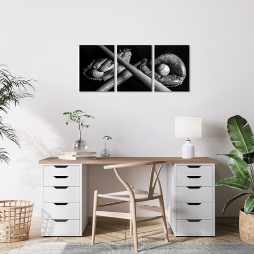 Klvos Baseball Sports Wall Art 3 Pieces Vintage Baseball Glove Picture Canvas Print Black White Painting Artwork For Boys Bedroom Living Room Gym Wall Decor Framed Ready To Hang thumb #1