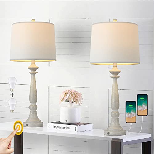 Bobomomo 27.5'' Classic 3-Way Dimmable Touch Control Table Lamp Set Of 2 With 2 Charging Ports Antique Nightstand Lamp For Bedroom Living Room Resin Retro Bedside Desk Lamps With White Fabric Shade #TOP1