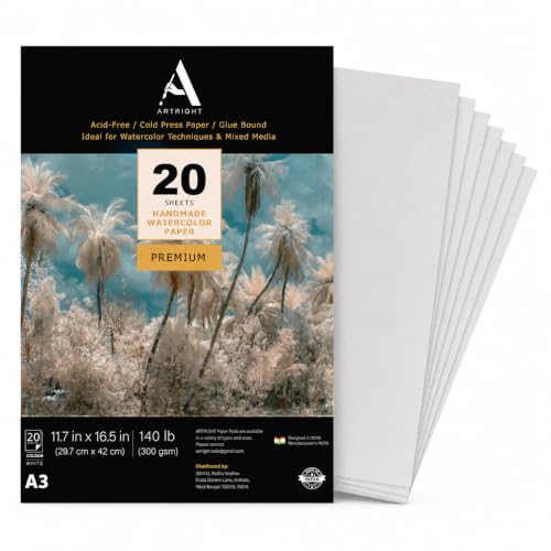 Image of ArtRight Artists' Watercolor Paper A3 300 GSM - 20 Sheets of Handmade Rough Grain Water Colour Papers for Watercolour, Acrylic, Gouache, Ink & Mixed Media