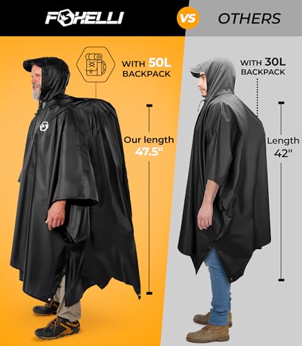 Foxelli Hooded Rain Poncho for Adults – Extra Long Reusable Waterproof Raincoat for Men and Women, Lightweight Rain Gear