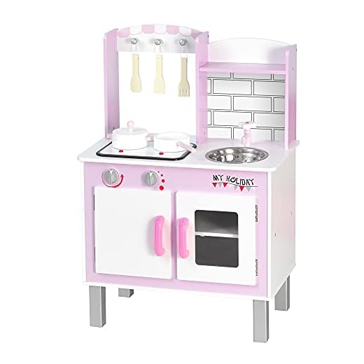 HOMCOM Cocinita de Juguete para Niños +3 Años de Madera 55x30x80 cm con Función de Sonido Armario Ganchos 5 Accesorios Incluidos Cocina Infantil Educativo Rosa