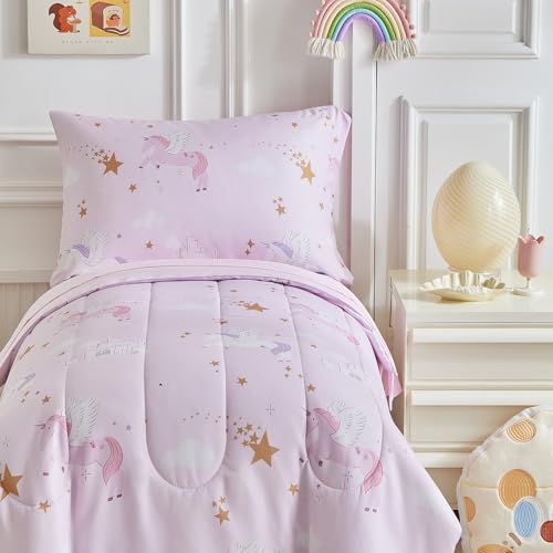 Image of Unicorn Toddler Bedding Set for Girls Pink Unicorn Stars 4PC Toddler Bed Set - Soft Castle and Sky Cute Princess Toddler Bed in a Bag with Pink Sheet Set and Pillow Shams