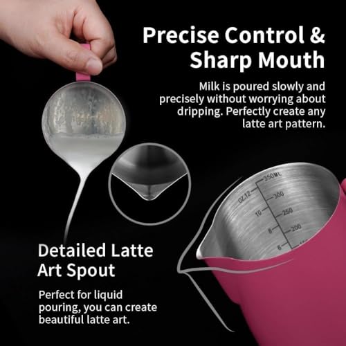 Image of watchget 12oz Milk Frothing Pitcher Stainless Steel Espresso Steaming Jug | Clear Internal Scale, Milk Coffee Cappuccino Latte Art Barista Steam Pitchers,Barista Coffee Bar Accessories, 350ml, Magenta