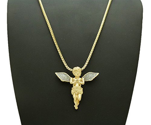 Sparkled Gold & Silver 2mm 24" Box Chain Necklace with Micro Angel Pendant