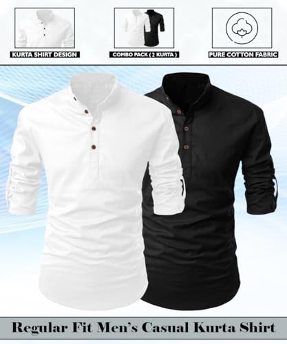 Image of FINIVO FASHION Combo of Men's Cotton Blend Solid Regular Fit Full Sleeve Straight Short Kurta Shirt, Casual and Formal Wear