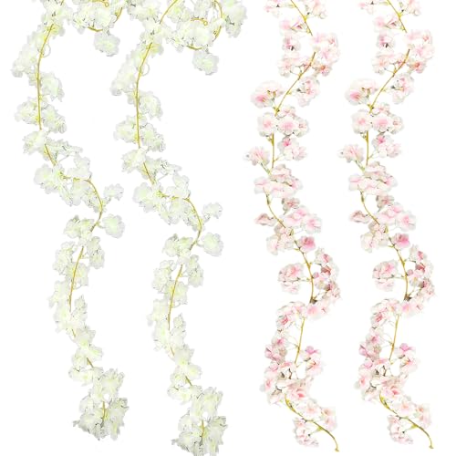 4 Piezas Guirnalda Flores Artificiales Decoracion, Material de Seda, Guirnalda de Flores de Cerezo, Adecuada para Bodas, Compromisos, Decoración de Fiestas (Rosa y Blanco)