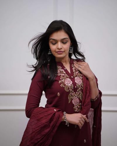 Image of Women's Cotton Embroidery work Straight kurti with Pant & mulmul dupatta set