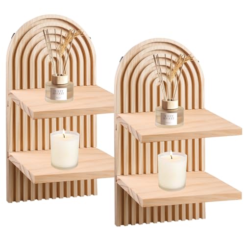 BYZESTY Lot de 2 Étagères Murales En Bois Arc-En-Ciel Boho, 4 Étagères Flottantes, Planche En Bois Décorative Bohème, Étagère Murale Bohème, Double Couche Pour Salon, Chambre, Bureau, Cuisine