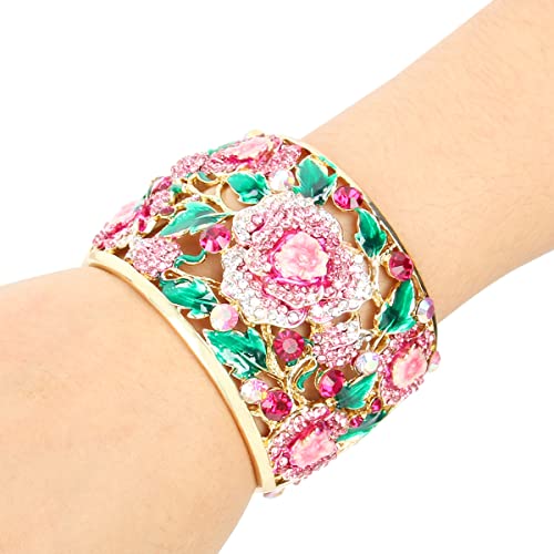 Ever Faith Austrian Crystal Enamel Feast Leaf Rose Flower Bangle Bracelet Pink Gold-Tone #TOP3