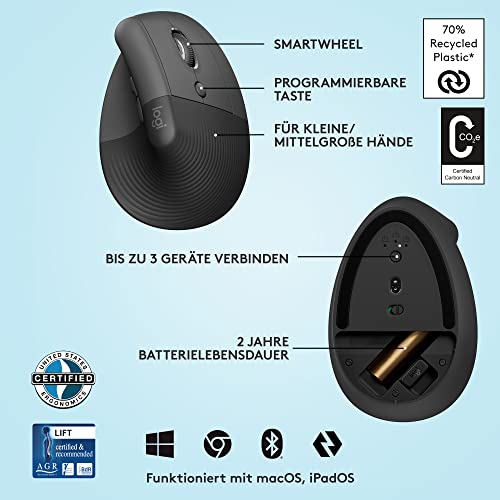 Logitech Lift Vertikale Ergonomische Maus, Kabellos für Rechtshänder