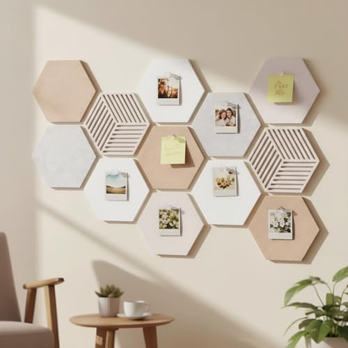 Acidea 12 Stück Filz Pinnwand Sechseckig, Selbstklebende DIY Pinnwand Kork mit 50 Stück Durchsichtig Pushpins, Hexagon-Memoboard für Büro, Home, Schlafzimmer, Wanddekoration