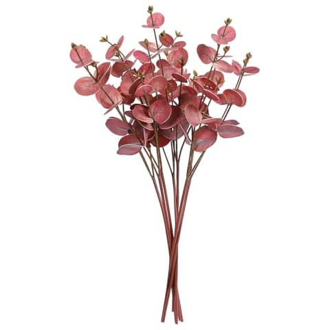 6pcs Artificial Eucalyptus Leaves Stems Decor 3D Realistic Touch Tall 21" Faux Eucalyptus Branches Fake Greenery Plants Stems for Vase Home Party Wedding Office Farmhouse Decorations(Red) Cover